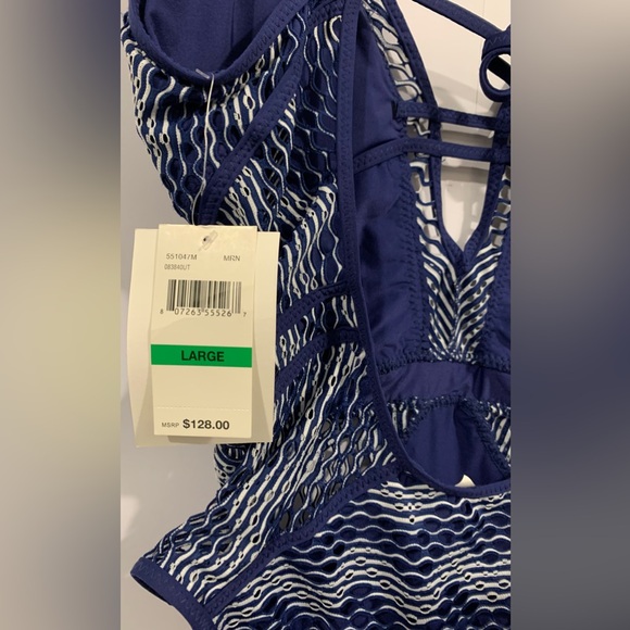 NWT, BECCA- "Color Play Mesh One Piece Swimsuit" in Navy/White, Sz Large - Picture 7 of 10